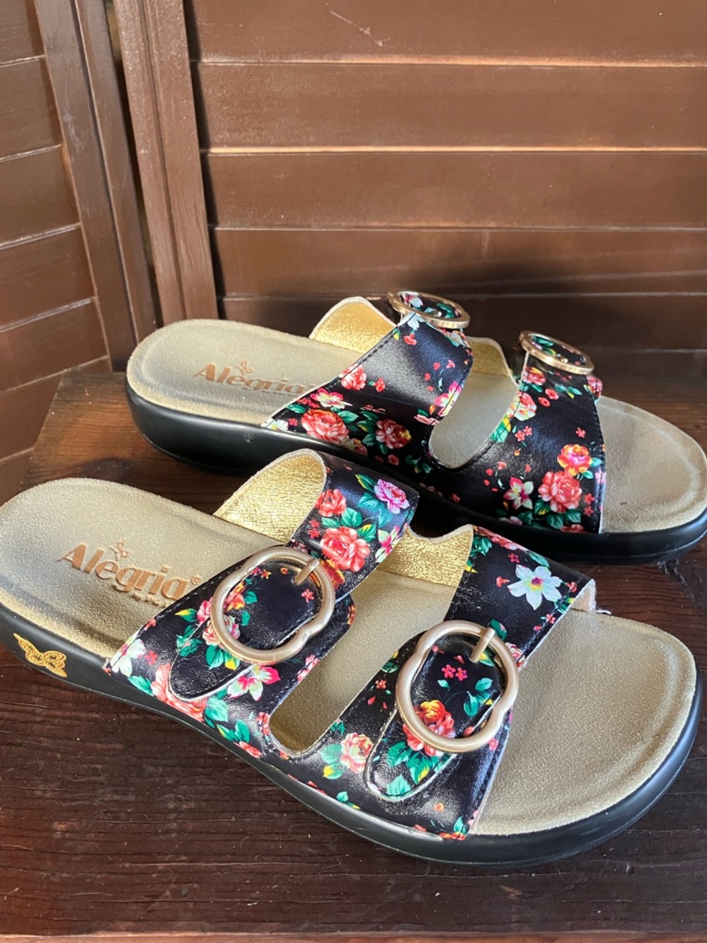 Alegria Black Floral Double-Buckle Slide Sandals